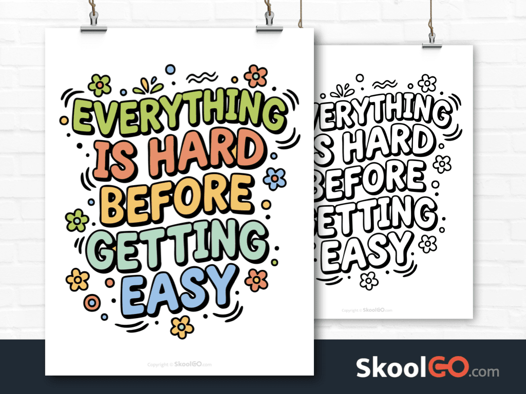 Preview image of the "Everything Is Hard Before Getting Easy" Classroom Poster, showing both color and black & white printable pages.