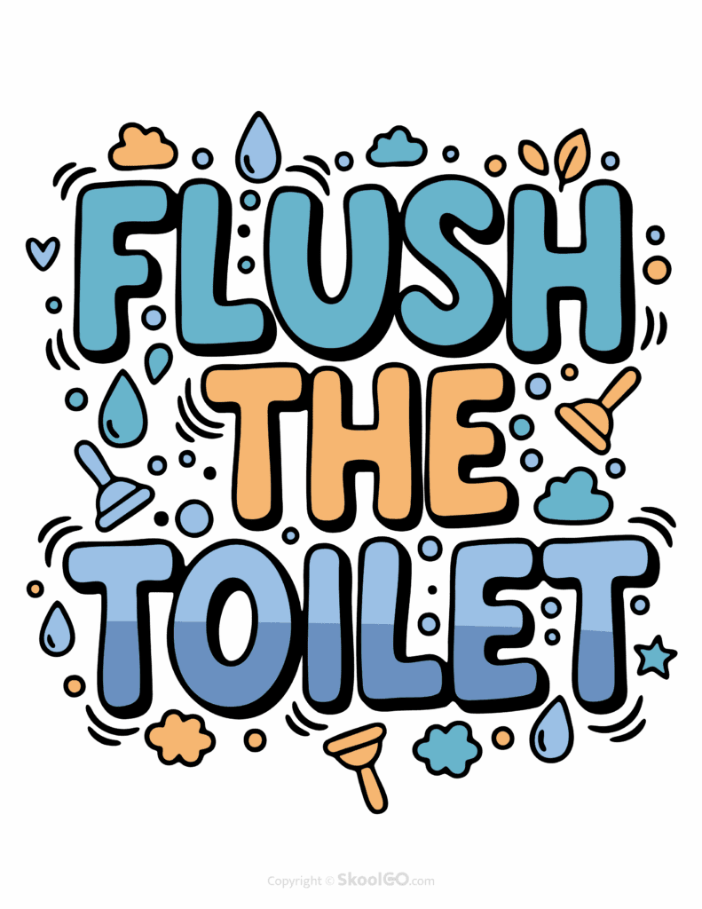 "Flush The Toilet" Classroom Poster - Color Version Colorful Flush The Toilet printable classroom poster with playful lettering and cheerful doodles