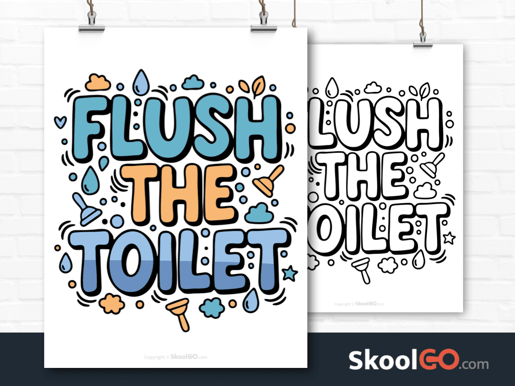 Preview image of the "Flush The Toilet" Classroom Poster, showing both color and black & white printable pages.