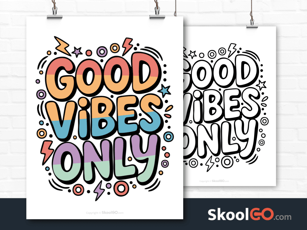 Preview image of the "Good Vibes Only" Classroom Poster, showing both color and black & white printable pages.