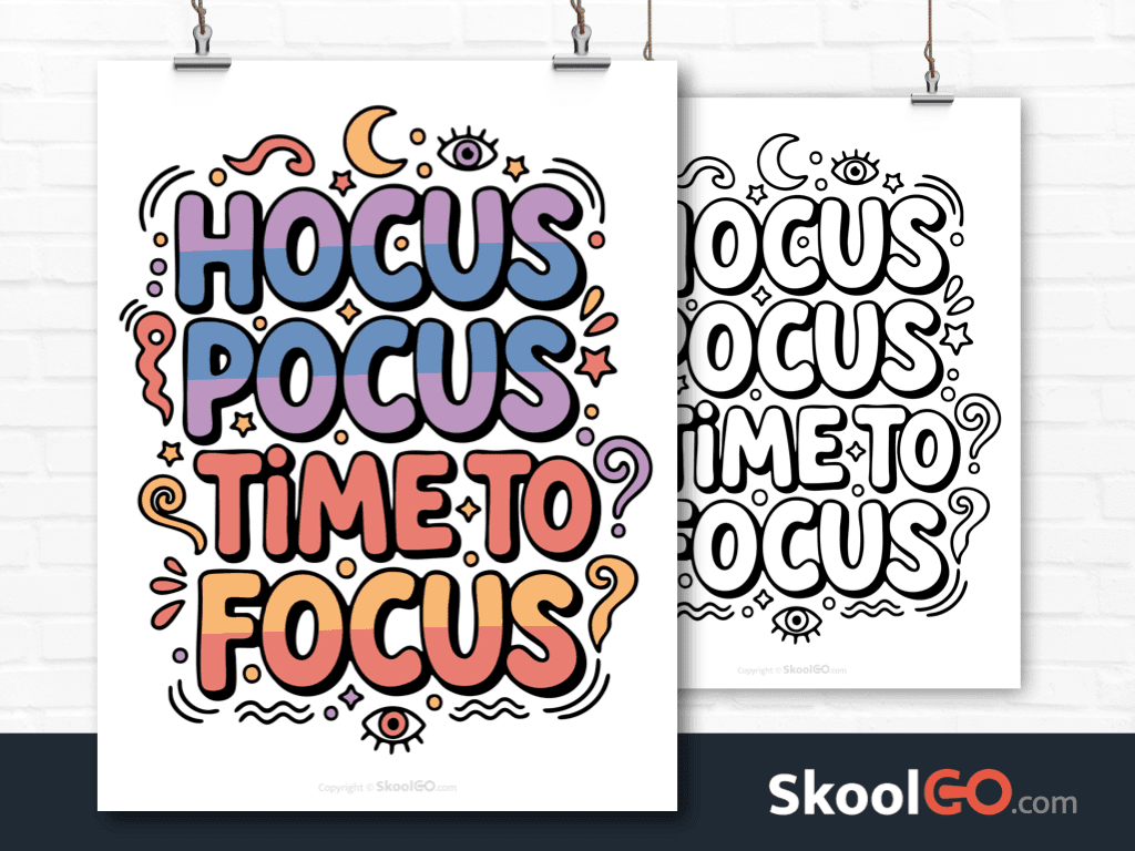 Preview image of the "Hocus Pocus Time To Focus" Classroom Poster, showing both color and black & white printable pages.