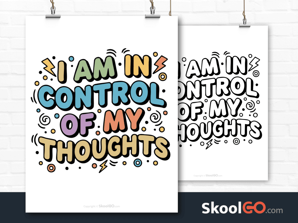 Preview image of the "I Am In Control Of My Thoughts" Classroom Poster, showing both color and black & white printable pages.