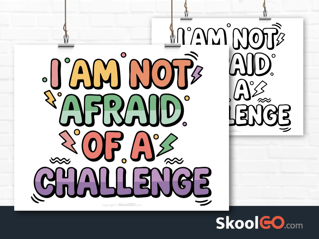 Preview image of the "I Am Not Afraid Of A Challenge" Classroom Poster, showing both color and black & white printable pages.