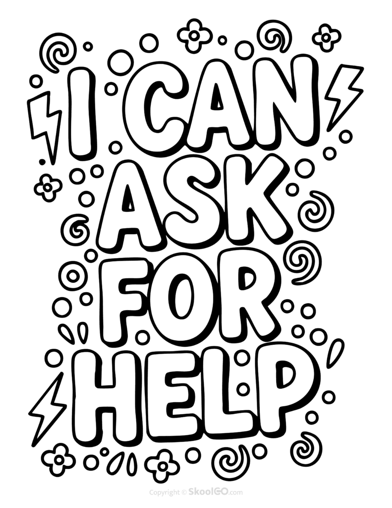 "I Can Ask For Help" Classroom Poster - Black & White Version Black-and-white I Can Ask For Help poster with bold letters and doodles for students to color