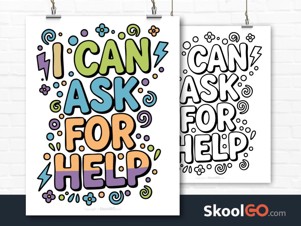 Preview image of the "I Can Ask For Help" Classroom Poster, showing both color and black & white printable pages.