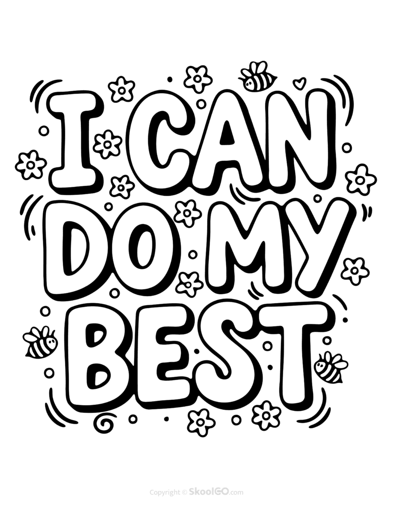 "I Can Do My Best" Classroom Poster - Black & White Version Black-and-white I Can Do My Best poster with bold letters and doodles for students to color