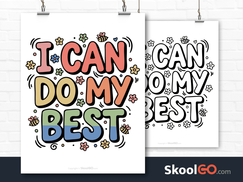 Preview image of the "I Can Do My Best" Classroom Poster, showing both color and black & white printable pages.