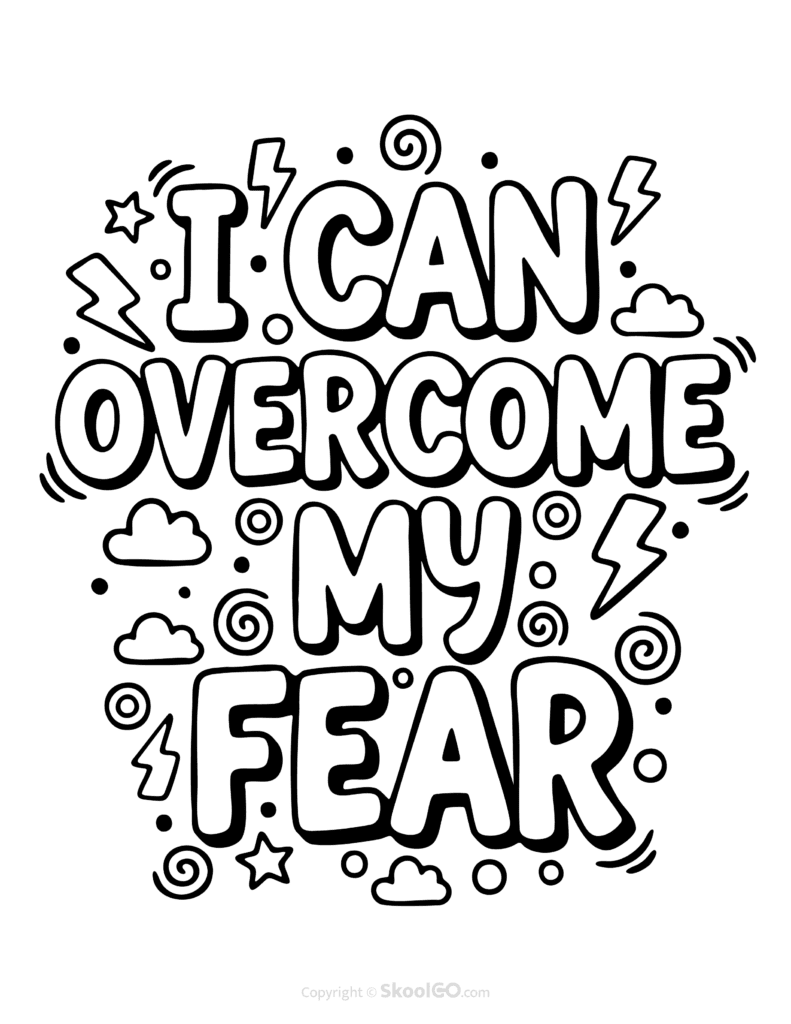 Black-and-white I Can Overcome My Fear poster with bold letters and doodles for students to color