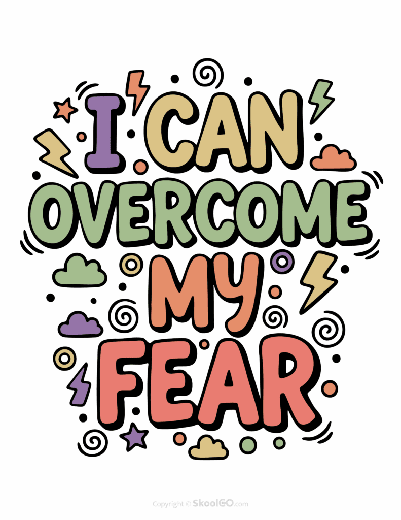 Colorful I Can Overcome My Fear printable classroom poster with playful lettering and cheerful doodles