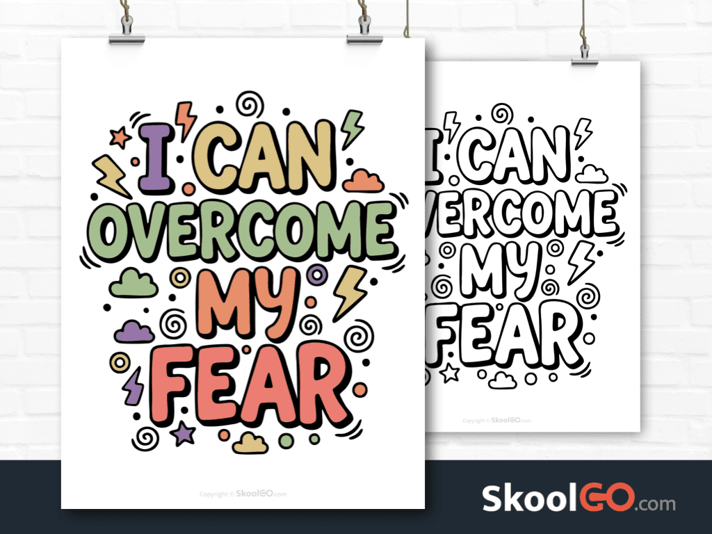 Preview image of the "I Can Overcome My Fear" Classroom Poster, showing both color and black & white printable pages.