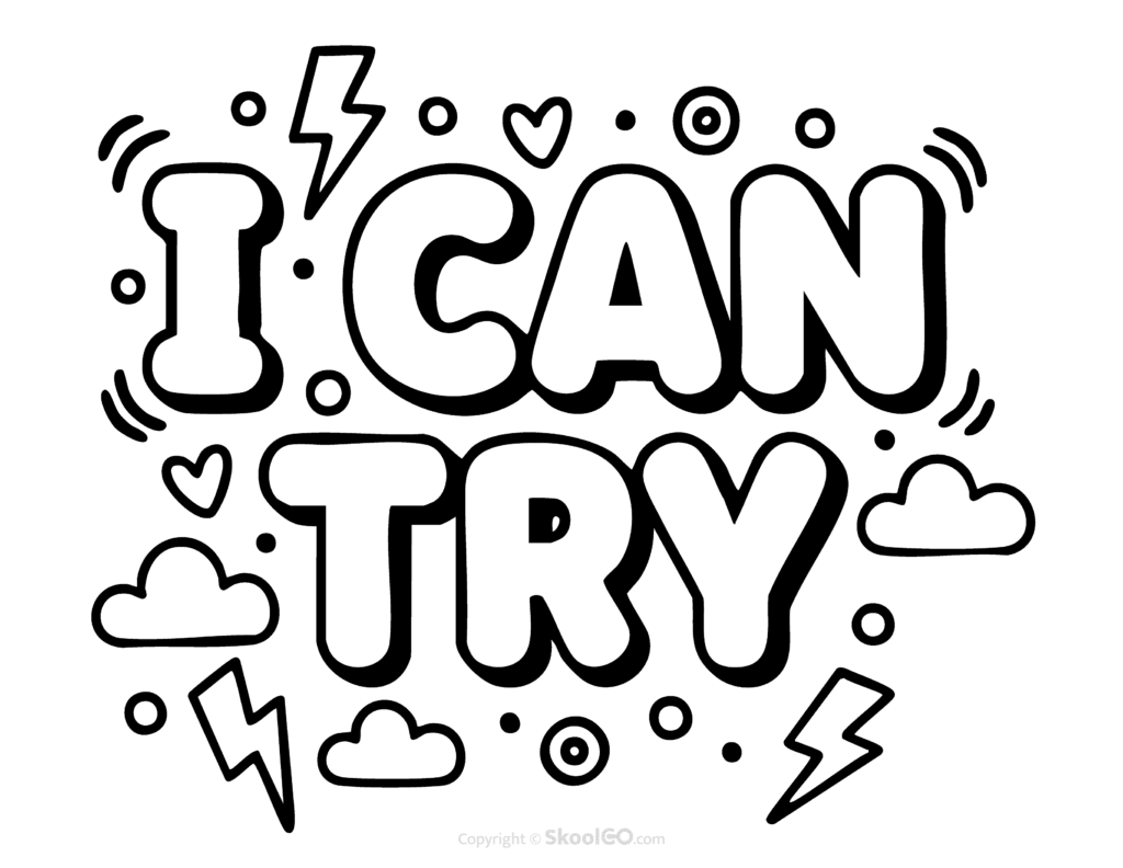 "I Can Try" Classroom Poster - Black & White Version Black-and-white I Can Try poster with bold letters and doodles for students to color