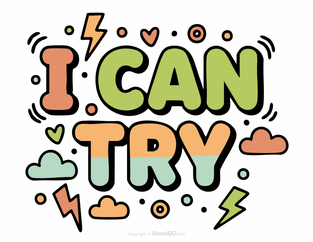 "I Can Try" Classroom Poster - Color Version Colorful I Can Try printable classroom poster with playful lettering and cheerful doodles