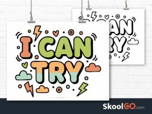 Preview image of the "I Can Try" Classroom Poster, showing both color and black & white printable pages.