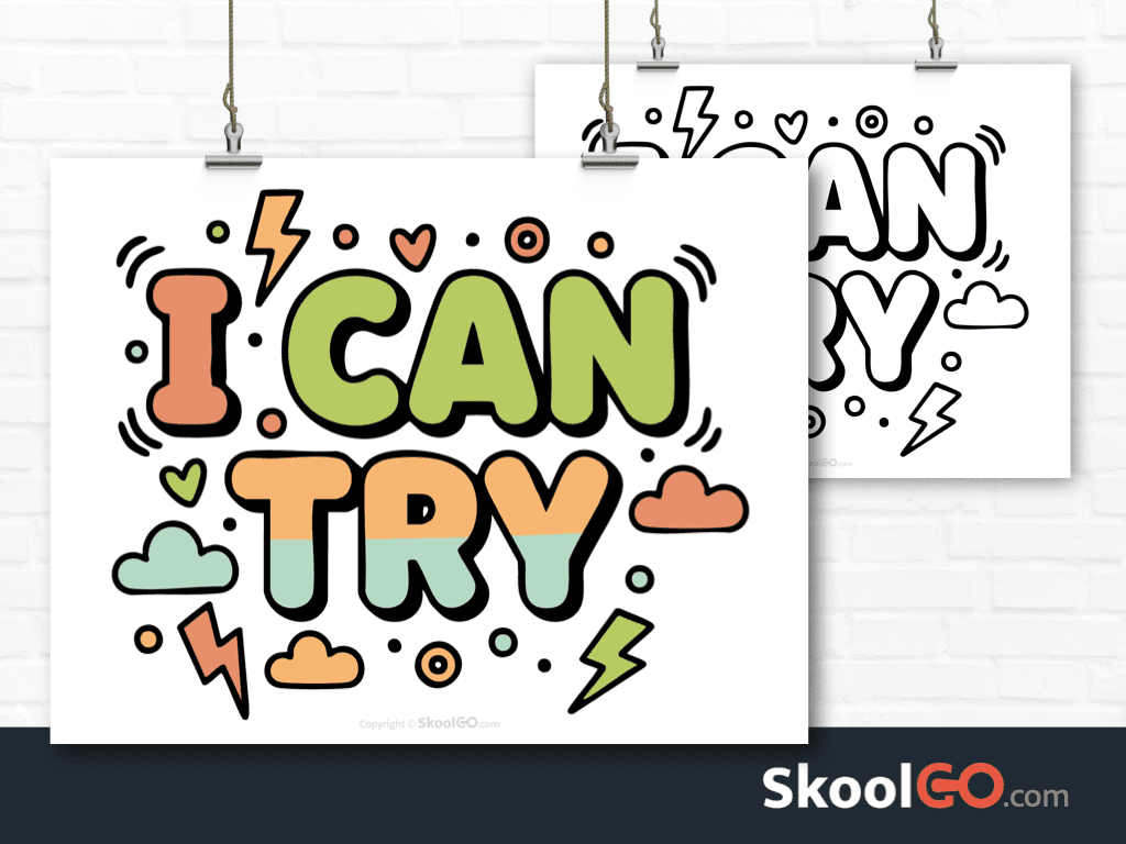 Preview image of the "I Can Try" Classroom Poster, showing both color and black & white printable pages.