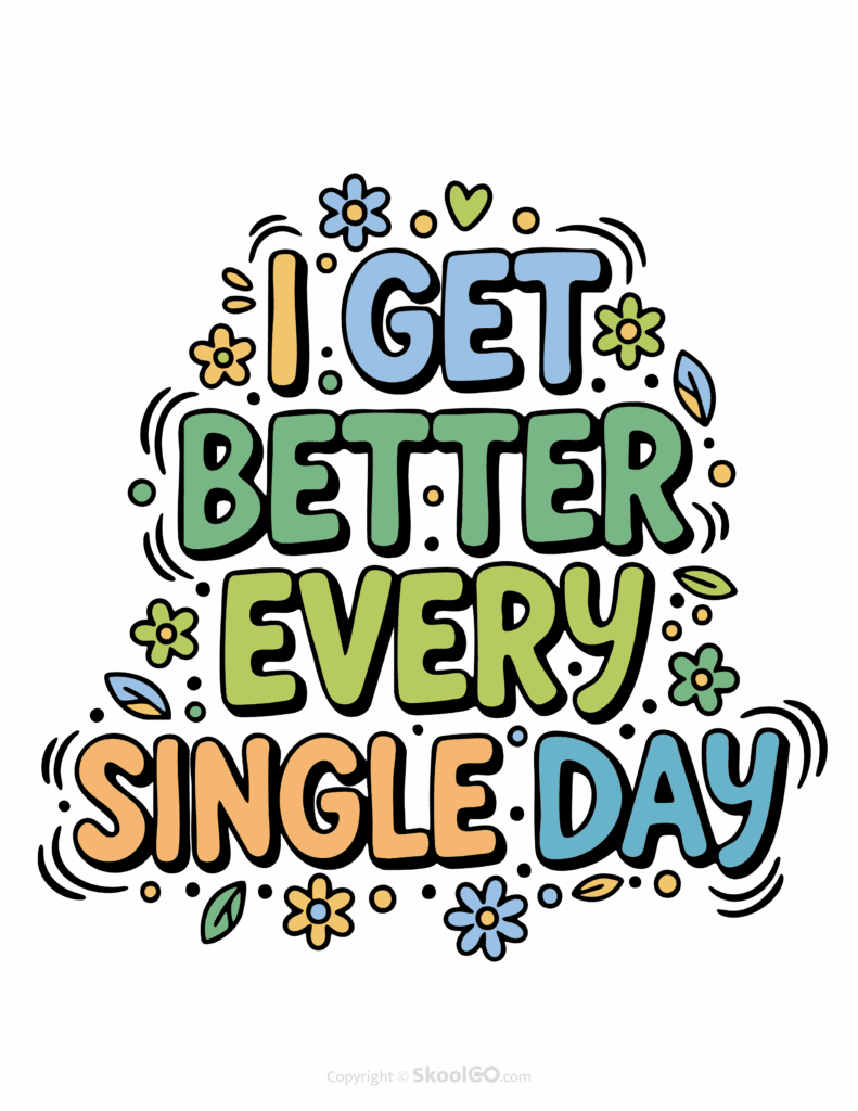Colorful I Get Better Every Single Day printable classroom poster with playful lettering and cheerful doodles
