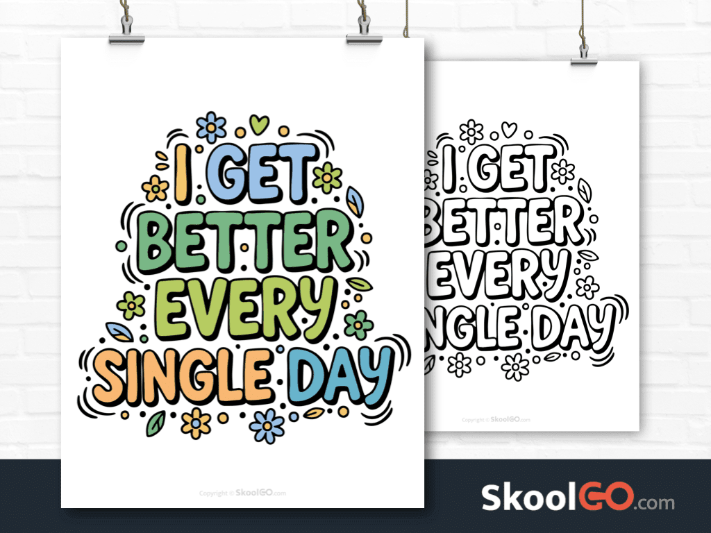 Preview image of the "I Get Better Every Single Day" Classroom Poster, showing both color and black & white printable pages.