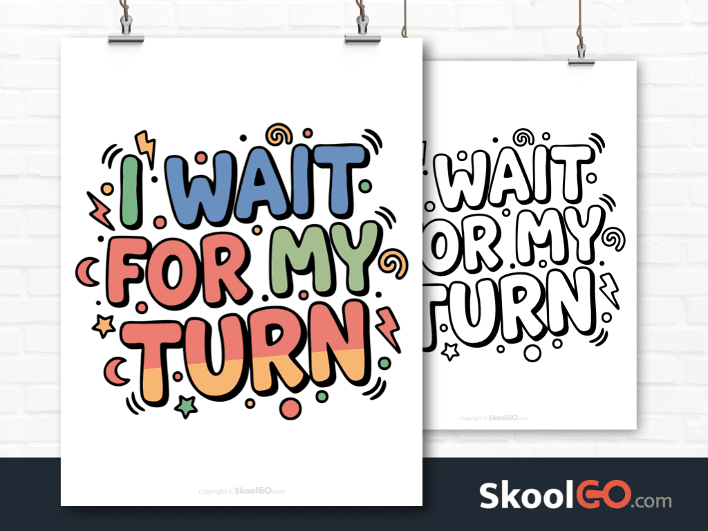 Preview image of the "I Wait For My Turn" Classroom Poster, showing both color and black & white printable pages.