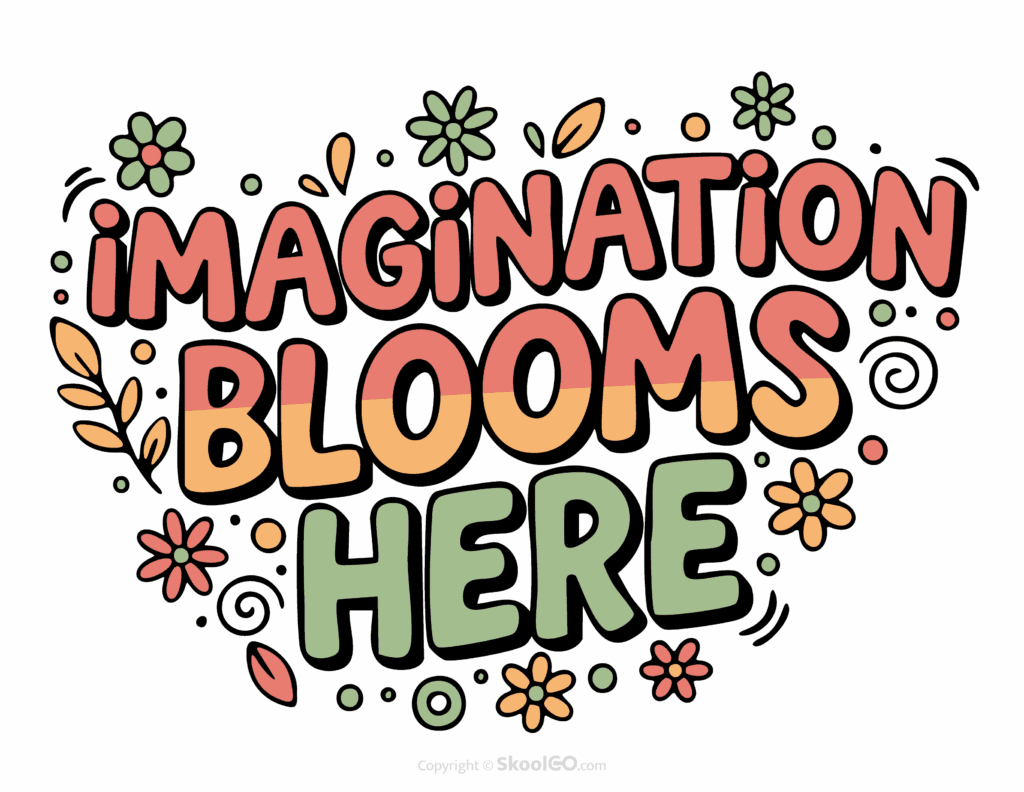"Imagination Blooms Here" Classroom Poster - Color Version Colorful Imagination Blooms Here printable classroom poster with playful lettering and cheerful doodles