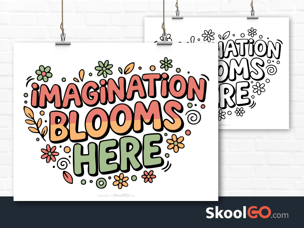 Preview image of the "Imagination Blooms Here" Classroom Poster, showing both color and black & white printable pages.