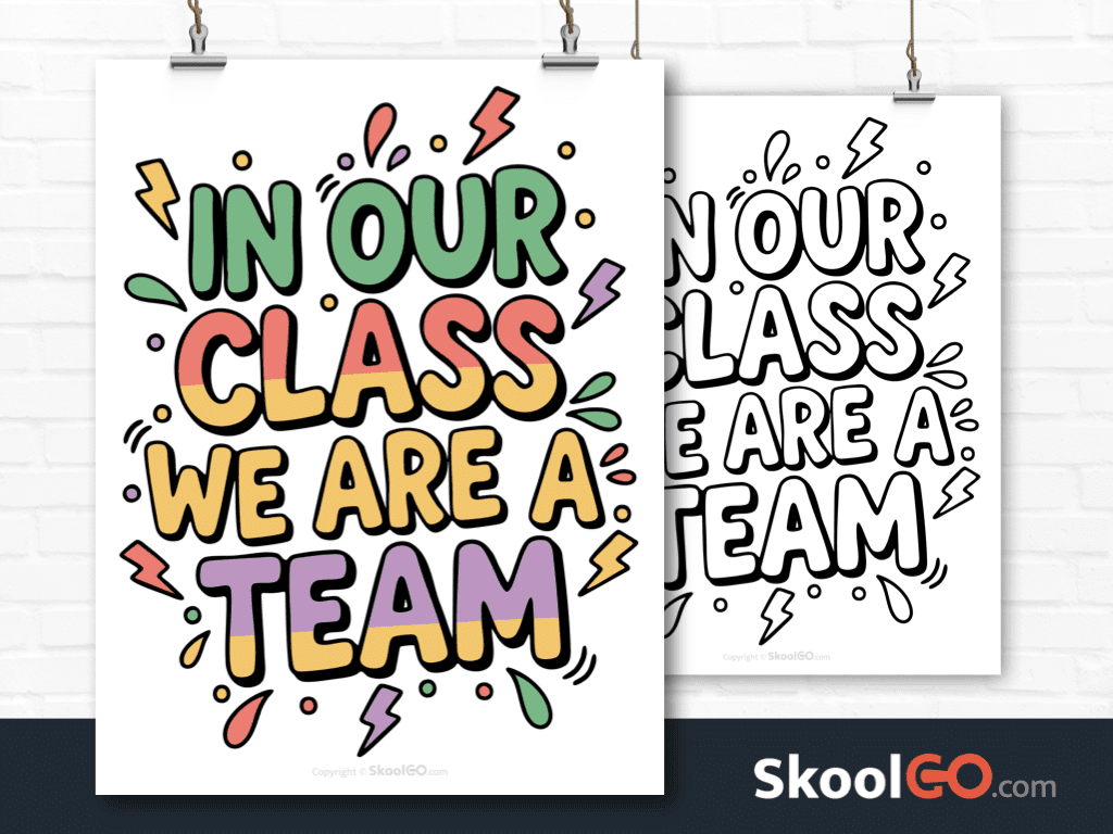 Preview image of the "In Our Class We Are A Team" Classroom Poster, showing both color and black & white printable pages.