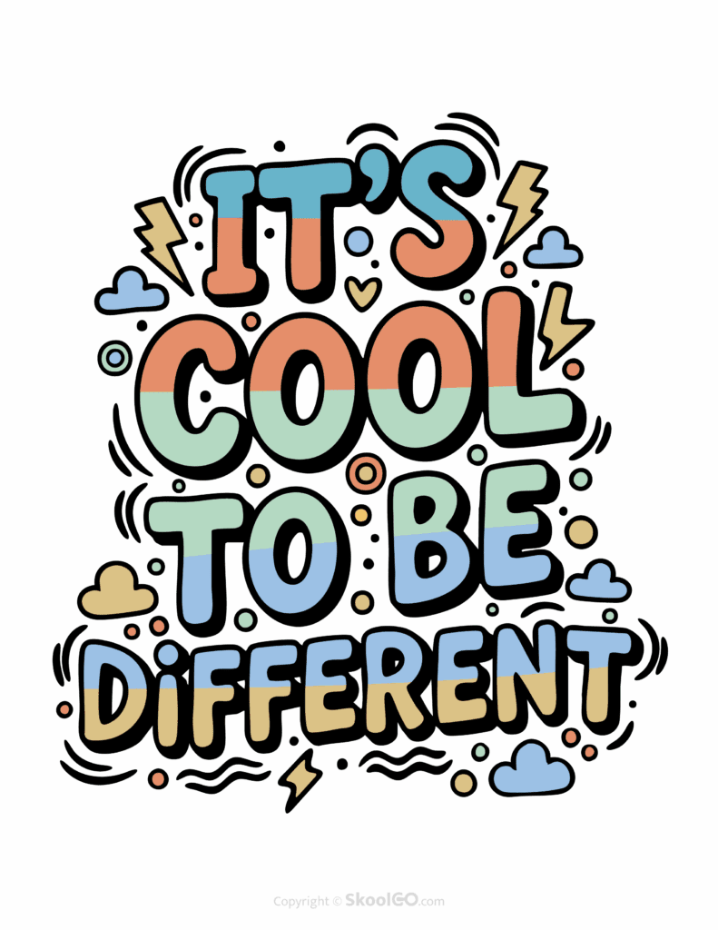 "It's Cool To Be Different" Classroom Poster - Color Version Colorful It's Cool To Be Different printable classroom poster with playful lettering and cheerful doodles