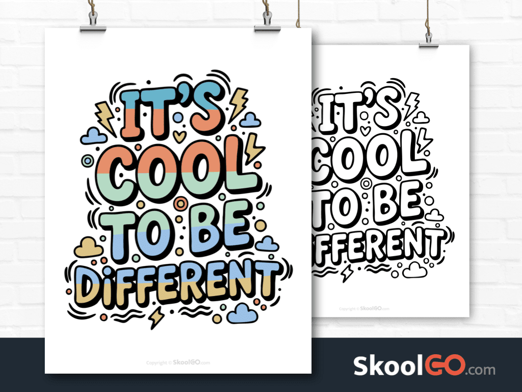 Preview image of the "It's Cool To Be Different" Classroom Poster, showing both color and black & white printable pages.