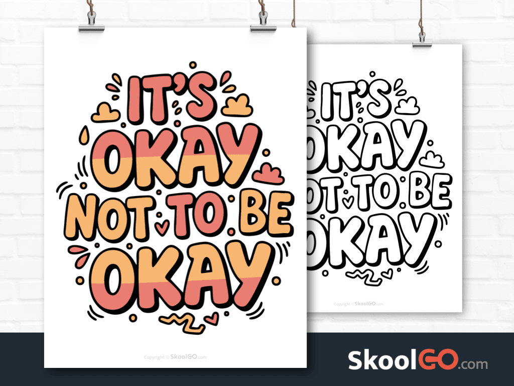 Preview image of the "It's Okay Not To Be Okay" Classroom Poster, showing both color and black & white printable pages.