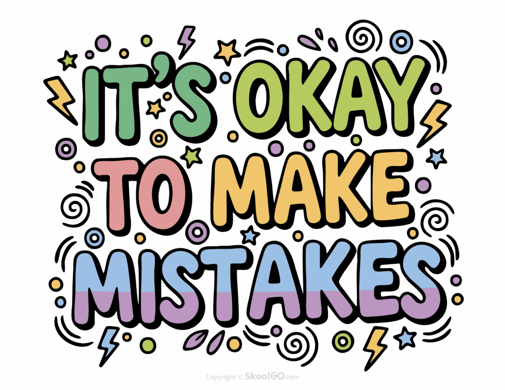 Colorful It's Okay To Make Mistakes printable classroom poster with playful lettering and cheerful doodles