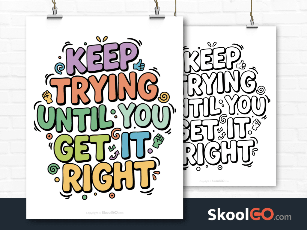 Preview image of the "Keep Trying Until You Get It Right" Classroom Poster, showing both color and black & white printable pages.