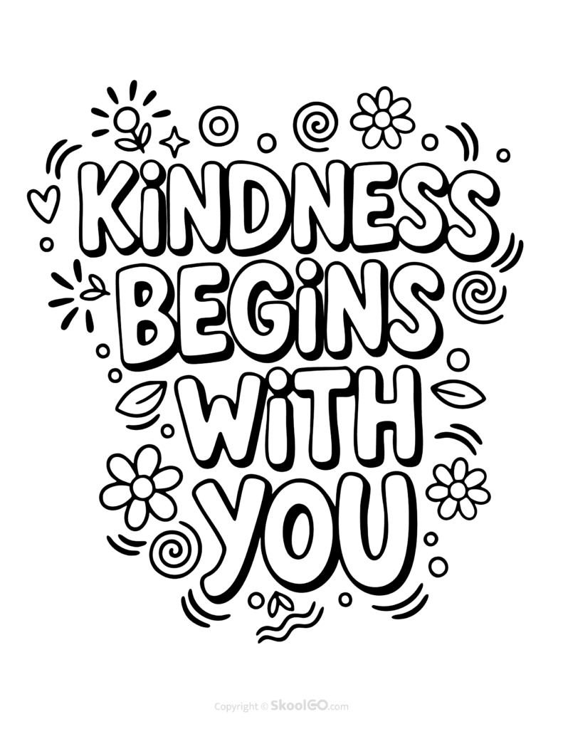"Kindness Begins With You" Classroom Poster - Black & White Version Black-and-white Kindness Begins With You poster with bold letters and doodles for students to color