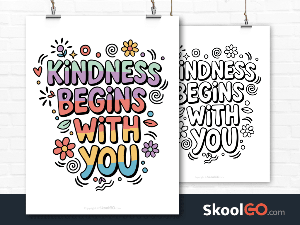 Preview image of the "Kindness Begins With You" Classroom Poster, showing both color and black & white printable pages.