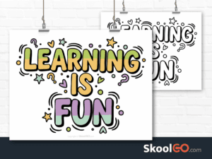 Preview image of the "Learning Is Fun" Classroom Poster, showing both color and black & white printable pages.