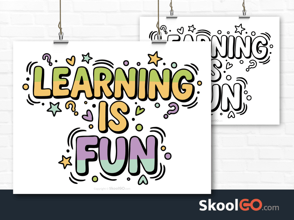 Preview image of the "Learning Is Fun" Classroom Poster, showing both color and black & white printable pages.