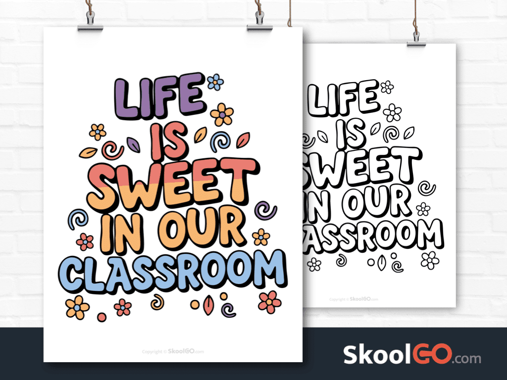 Preview image of the "Life Is Sweet In Our Classroom" Classroom Poster, showing both color and black & white printable pages.