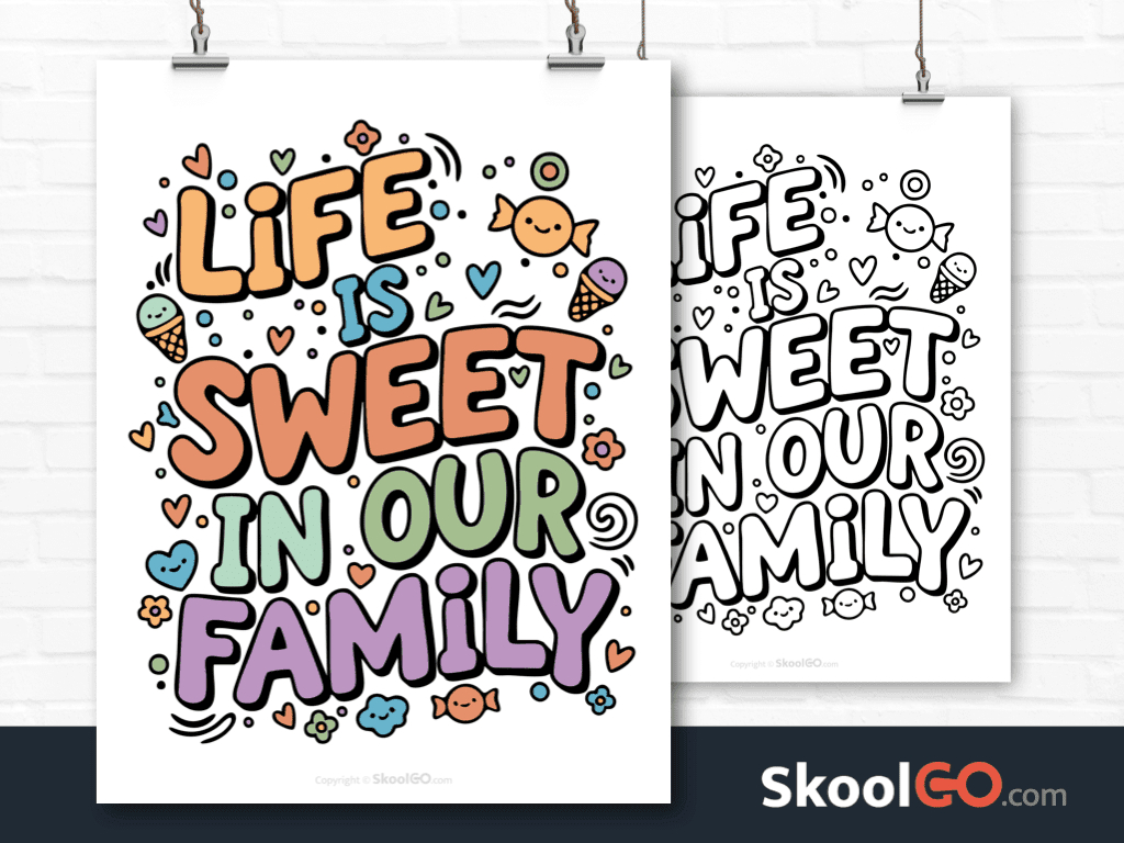 Preview image of the "Life Is Sweet In Our Family" Classroom Poster, showing both color and black & white printable pages.