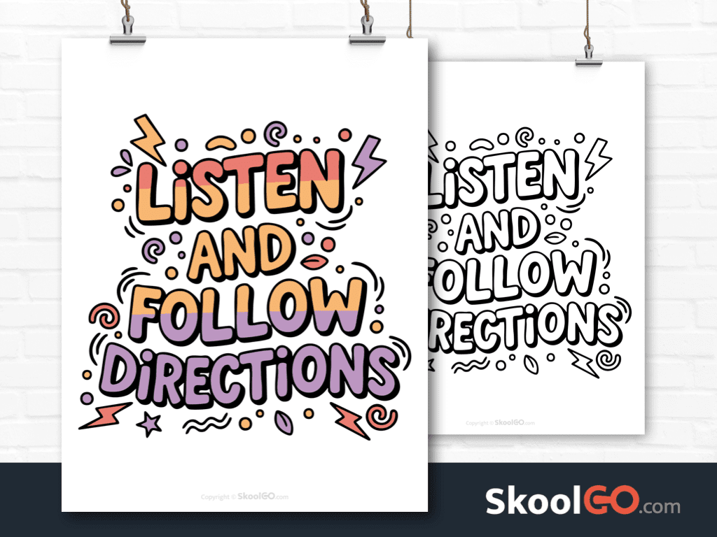 Preview image of the "Listen And Follow Directions" Classroom Poster, showing both color and black & white printable pages.