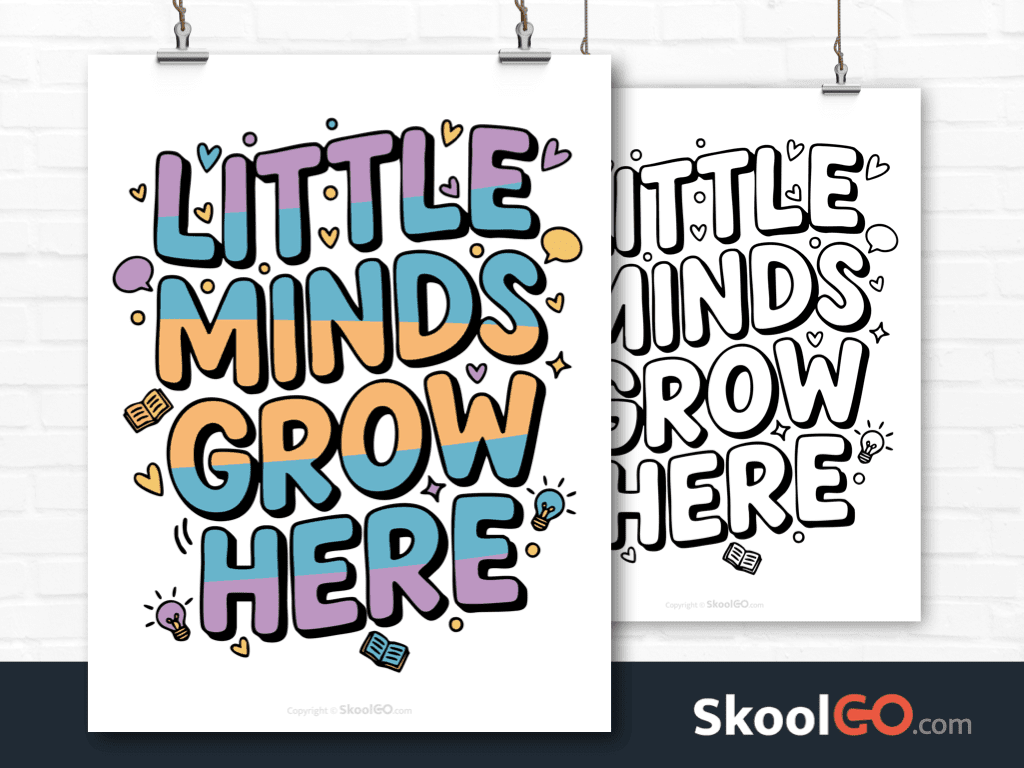 Preview image of the "Little Minds Grow Here" Classroom Poster, showing both color and black & white printable pages.