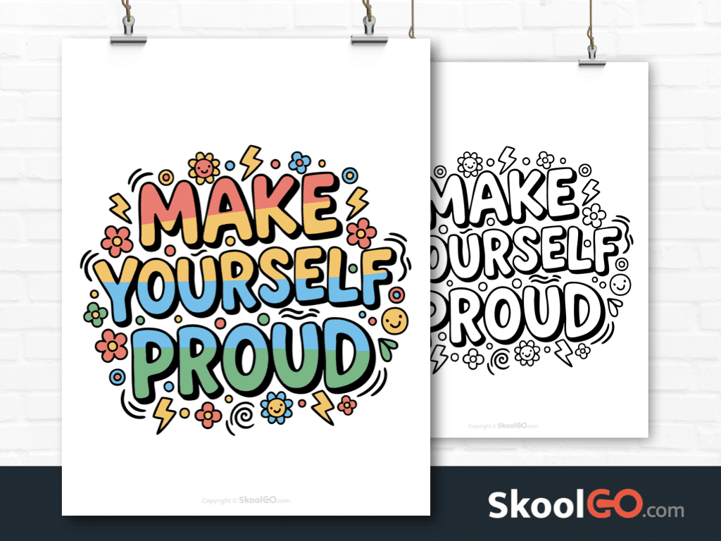 Preview image of the "Make Yourself Proud" Classroom Poster, showing both color and black & white printable pages.