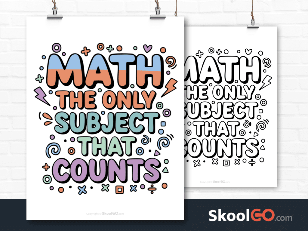 Preview image of the "Math The Only Subject That Counts" Classroom Poster, showing both color and black & white printable pages.