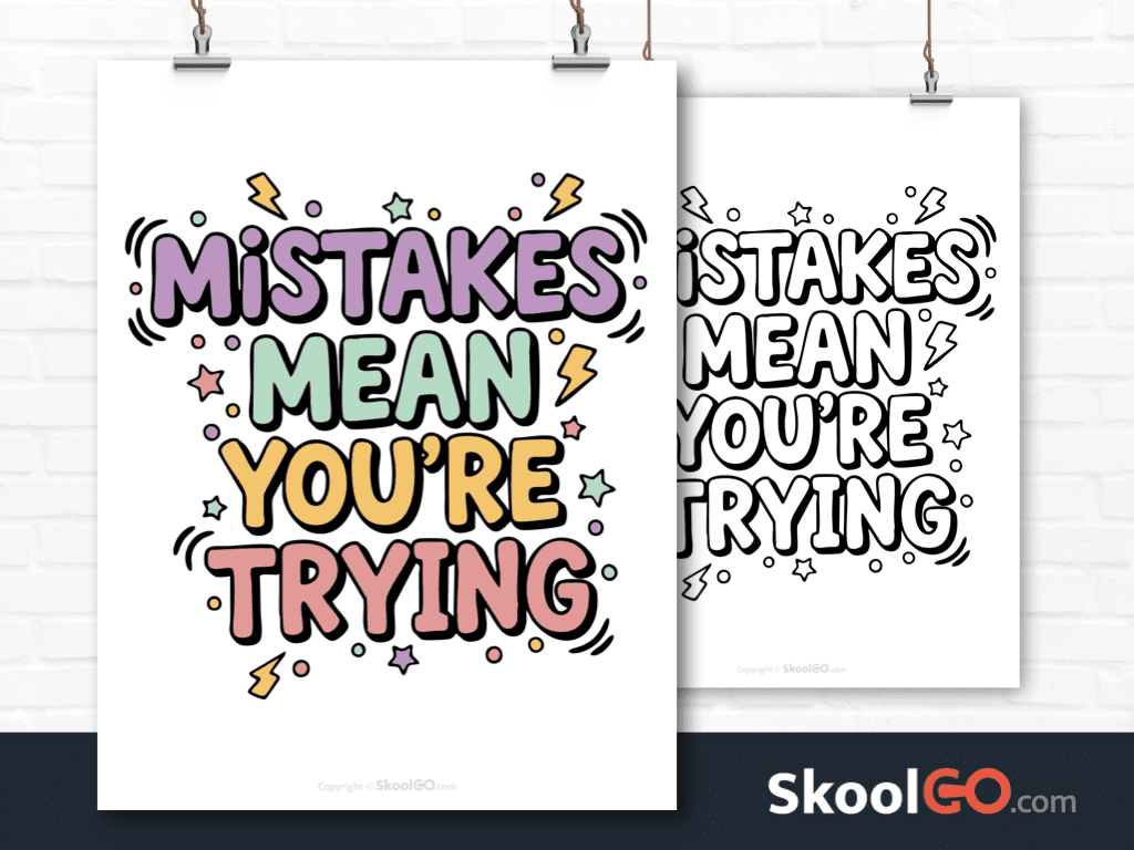 Preview image of the "Mistakes Mean You Are Trying" Classroom Poster, showing both color and black & white printable pages.
