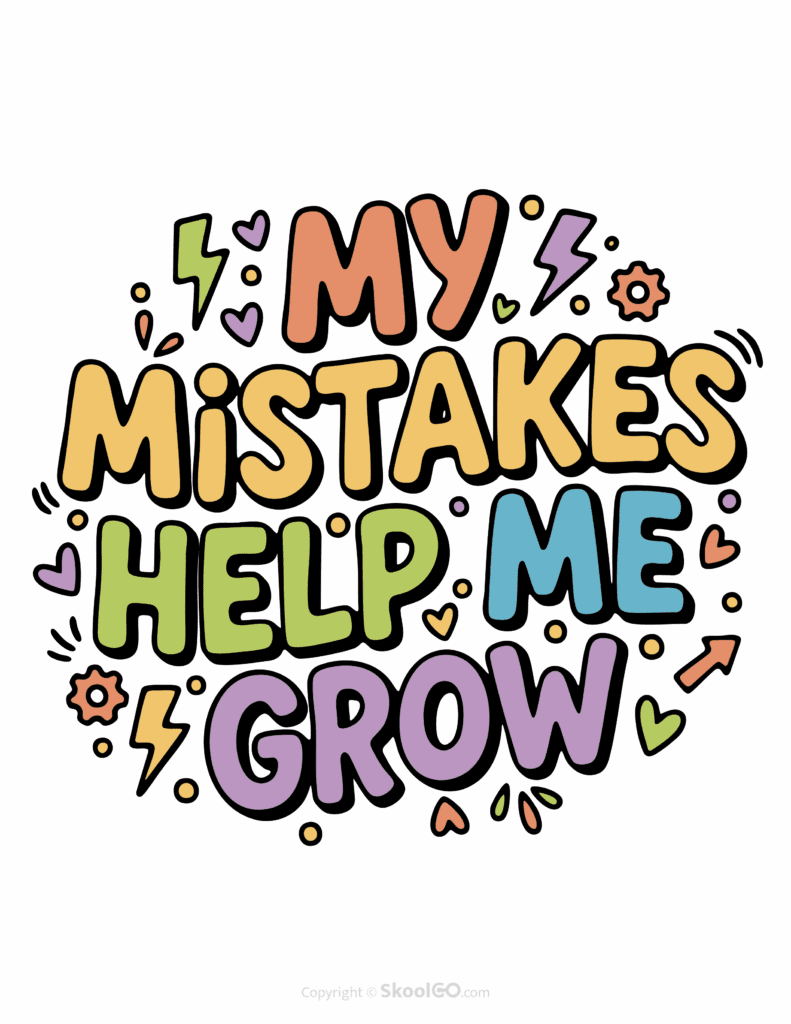"My Mistakes Help Me Grow" Classroom Poster - Color Version Colorful My Mistakes Help Me Grow printable classroom poster with playful lettering and cheerful doodles
