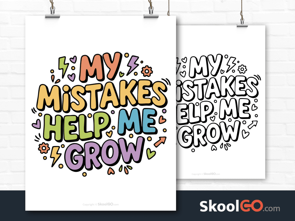 Preview image of the "My Mistakes Help Me Grow" Classroom Poster, showing both color and black & white printable pages.