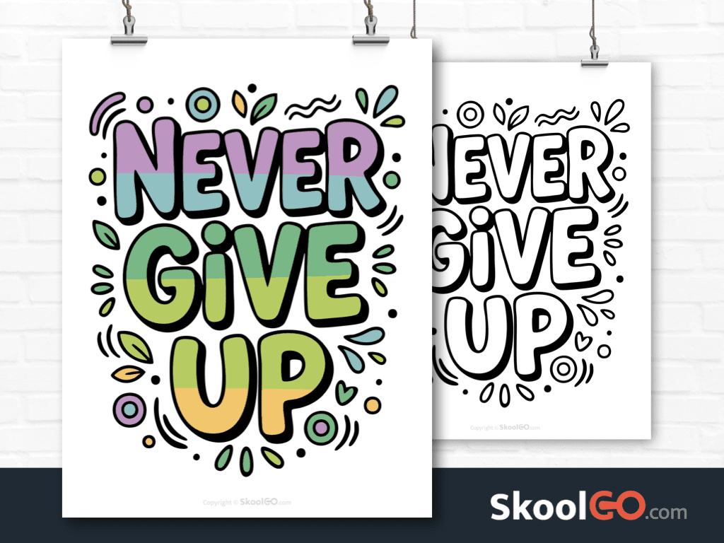 Preview image of the "Never Give Up" Classroom Poster, showing both color and black & white printable pages.