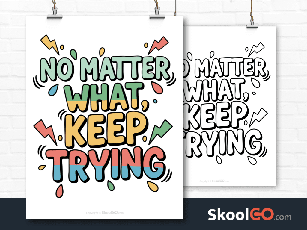 Preview image of the "No Matter What Keep Trying" Classroom Poster, showing both color and black & white printable pages.