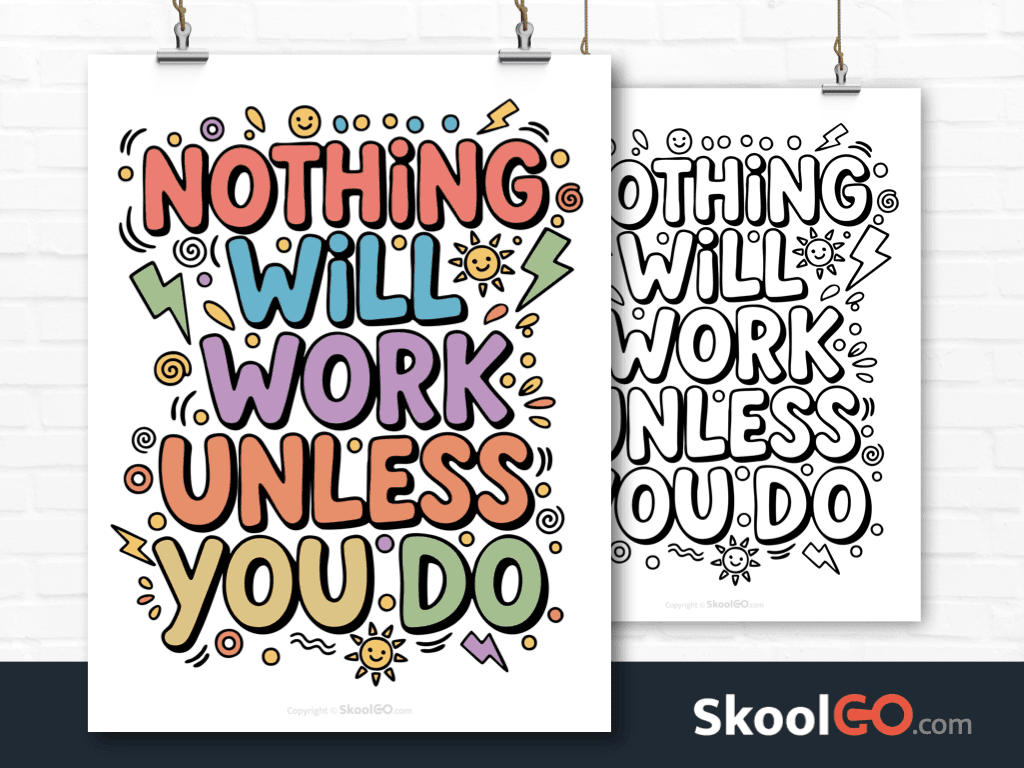 Preview image of the "Nothing Will Work Unless You Do" Classroom Poster, showing both color and black & white printable pages.