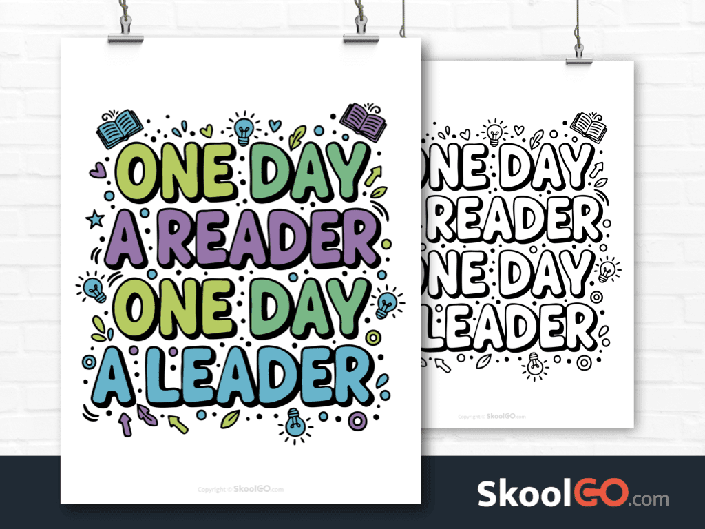 Preview image of the "One Day A Reader One Day A Leader" Classroom Poster, showing both color and black & white printable pages.