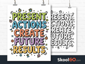 Preview image of the "Present Actions Create Future Results" Classroom Poster, showing both color and black & white printable pages.