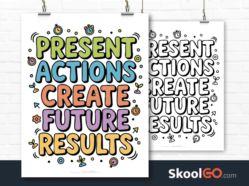 Preview image of the "Present Actions Create Future Results" Classroom Poster, showing both color and black & white printable pages.