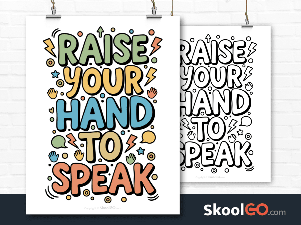 Preview image of the "Raise Your Hand To Speak" Classroom Poster, showing both color and black & white printable pages.