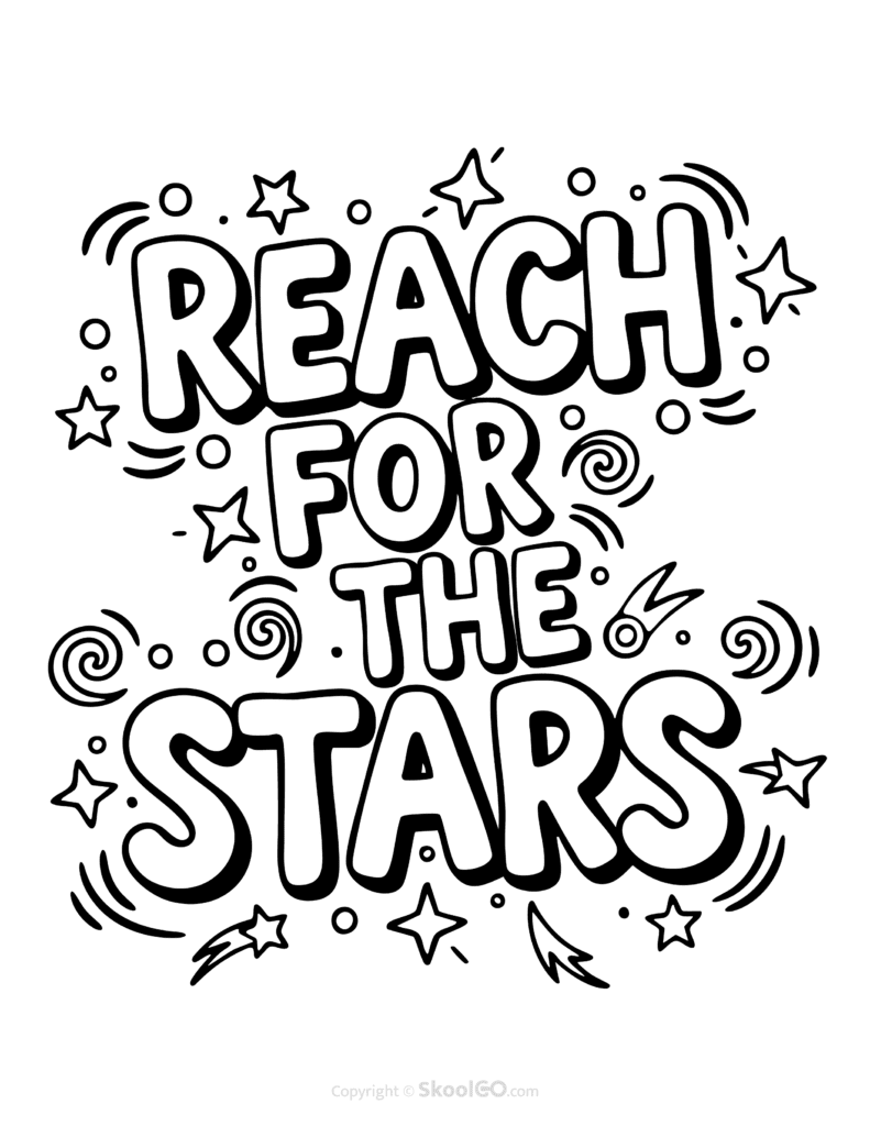 Black-and-white Reach For The Stars poster with bold letters and doodles for students to color